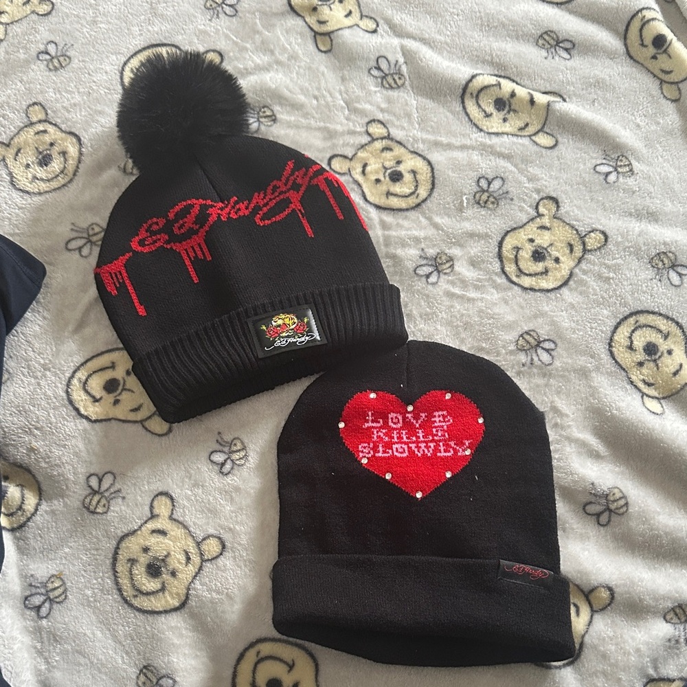 Ed Hardy Black Beanie Duo with Red Heart Design